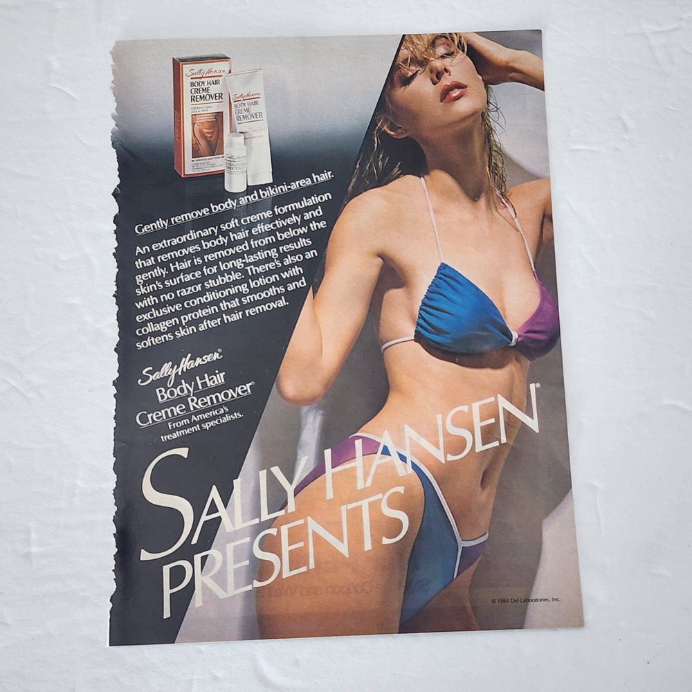 Vtg Print Ad Sally Hansen body hair creme remover model in bikini clipping 1984